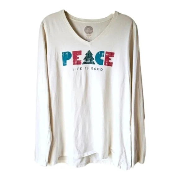 Life is Good Christmas Tree Peace Long Sleeve Soft Holiday Tee Sz L - Picture 2 of 7